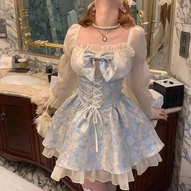 ロリータドレス 2024 新作 ティーブレイクドレス 着痩せ ポンポンスカート30%までに制限