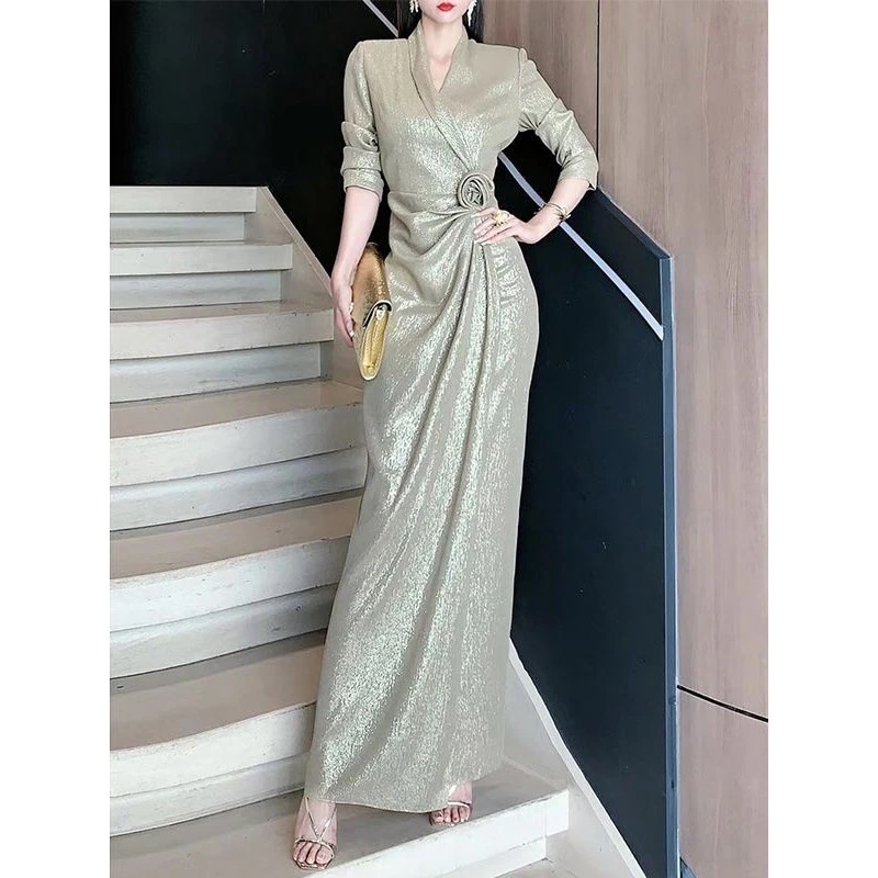 2024 秋冬ドレスグリーンフルーツカラー明るいシルクドレス女性用