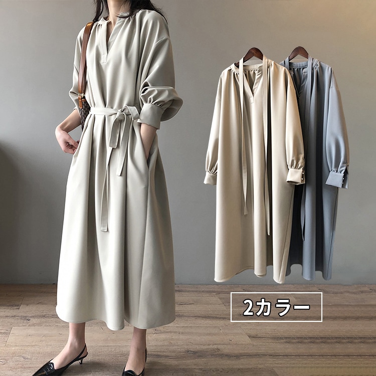 長袖 ワンピース ロングワンピース Vネック レディース 春 マキシ丈 ロング丈 無地 リボン付き Aライン 綺麗 大きいサイズ 通勤 入園式 卒業式 敬老の日 プレゼント