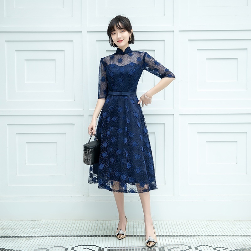 パーティードレス結婚式ワンピースドレス袖ありレースAラインお呼ばれ二次会