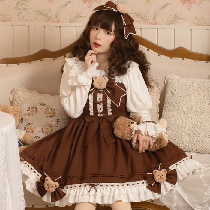 在庫僅少ワンピース ロリータ クマ ドレス コスプレ衣装 茶色 ジャンパースカート ブラウス 長袖 レトロ 中世紀 宮殿風 貴族風 リボン フリル 森ガール レディース 女の子 少女 ゆめかわいい 萌