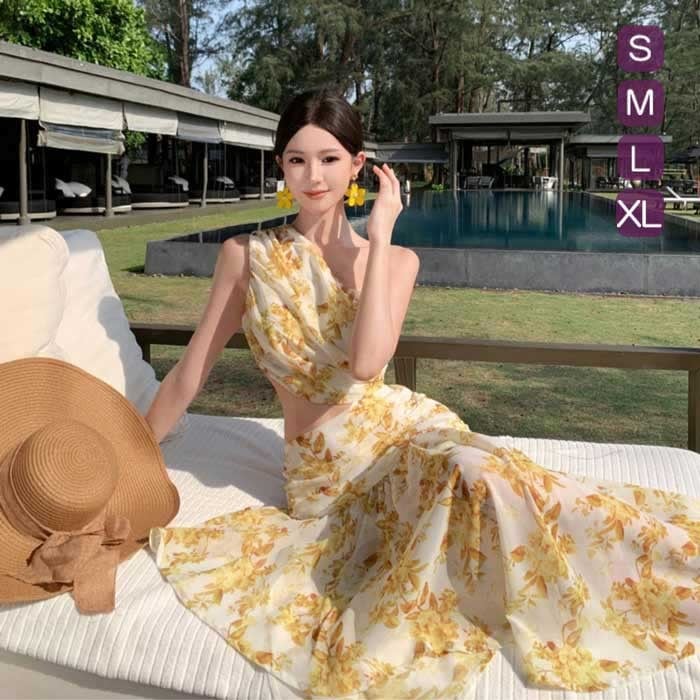 リゾートワンピース ワンショルダー レディース 夏ワンピ イエロー リゾート フィッシュテール 腰だし ロング丈 体型カバー きれいめ 日常 大人 カジュアル 春夏 旅行 海デート S M L dn0