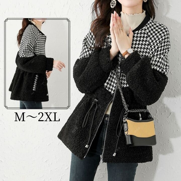 ボアブルゾン レディース ボアコート ボアジャケット 千鳥格子 切り替え ジップアップ 秋冬春