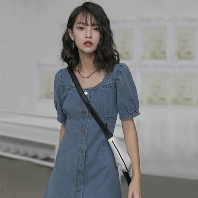 デニムワンピース レディース レトロ 半袖 2023春 薄手 ウエスト丈 スリム スリム Aライン