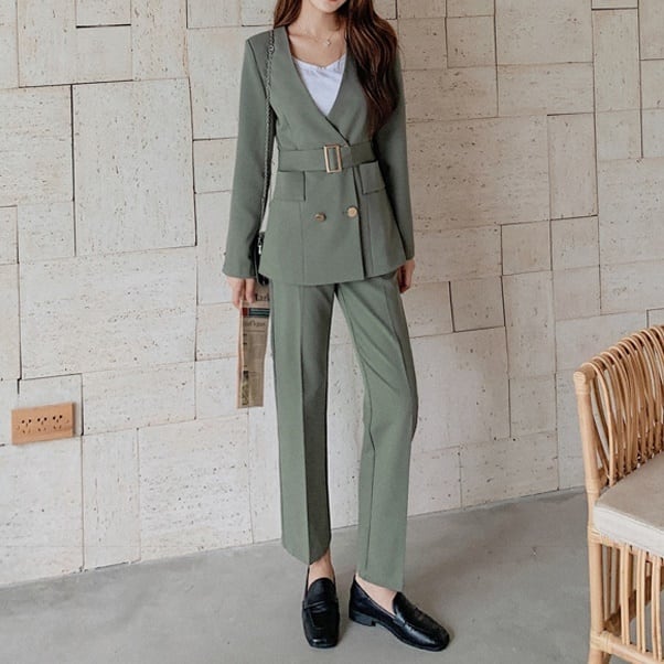 セットアップ スーツ パンツ ボトムス ジャケット メタルボタン ベルト付き ノーカラー 長袖 ロング アンクル丈 センタープレス スリム ハイウエストストレート 襟付き Vネック レトロ lsu00