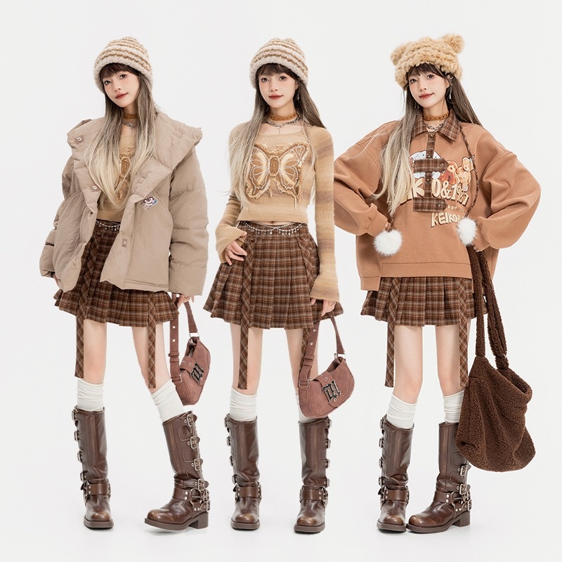 リボンとチェック柄のプリーツスカート2024春夏カレッジ風ハイウエストスリムaライン薄手ウールスカート