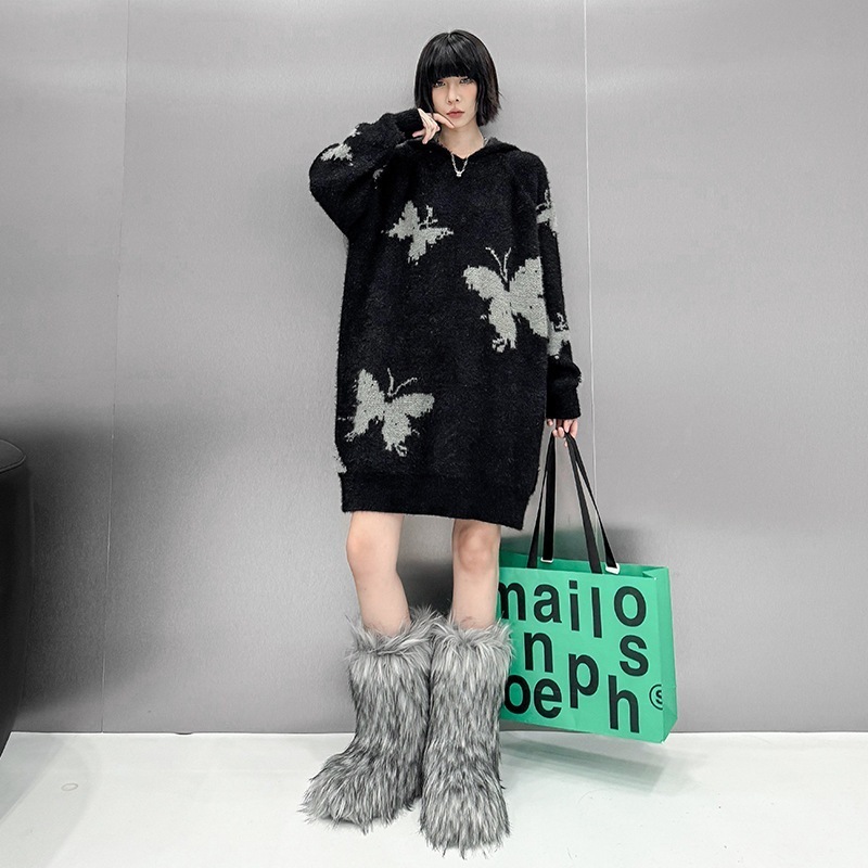 【J.Fashion】 蝶柄 ロングニット おしゃれ ショート ニットワンピース 冬 レディース セーター 関連商品購入可能 メガ割