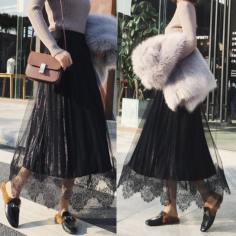 3147.ロング丈 チュールプリーツスカート（ブラック）2019 春夏 お出かけ パーティー