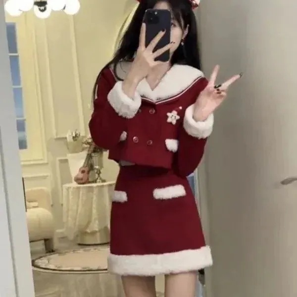 25大人気急速発送無料クリスマス長袖ネイビーカラー遮肉短コート+ラシャ保温半身スカート2点セット女