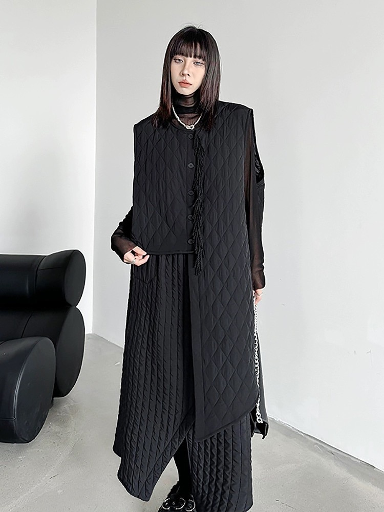 アシメントリージレ ロング ジレ レディース キルティング ジレ ベスト 秋 冬 アシンメトリー 中綿 ジレ ノースリーブ アウター コート ベスト 個性的 おしゃれ 可愛い 羽織 トレンド きれいめ