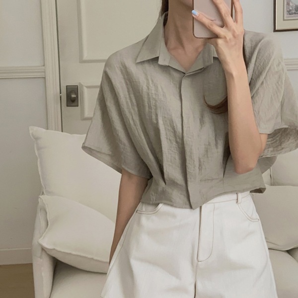 韓国ファッション ピンタック シャーリング クロップ 半袖 シャツ ブラウス