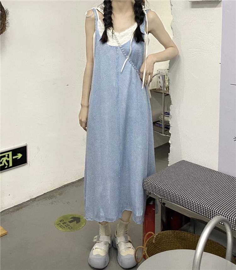 ワンピース ノースリーブ 春夏 かわいい Aライン フレア 膝下 ミモレ ミモレ丈 襟なし ストレート Aライン 背中魅せ 透け感 青 ブルー パステルカラー 春カラー ワンサイズ ゆったり かわいい