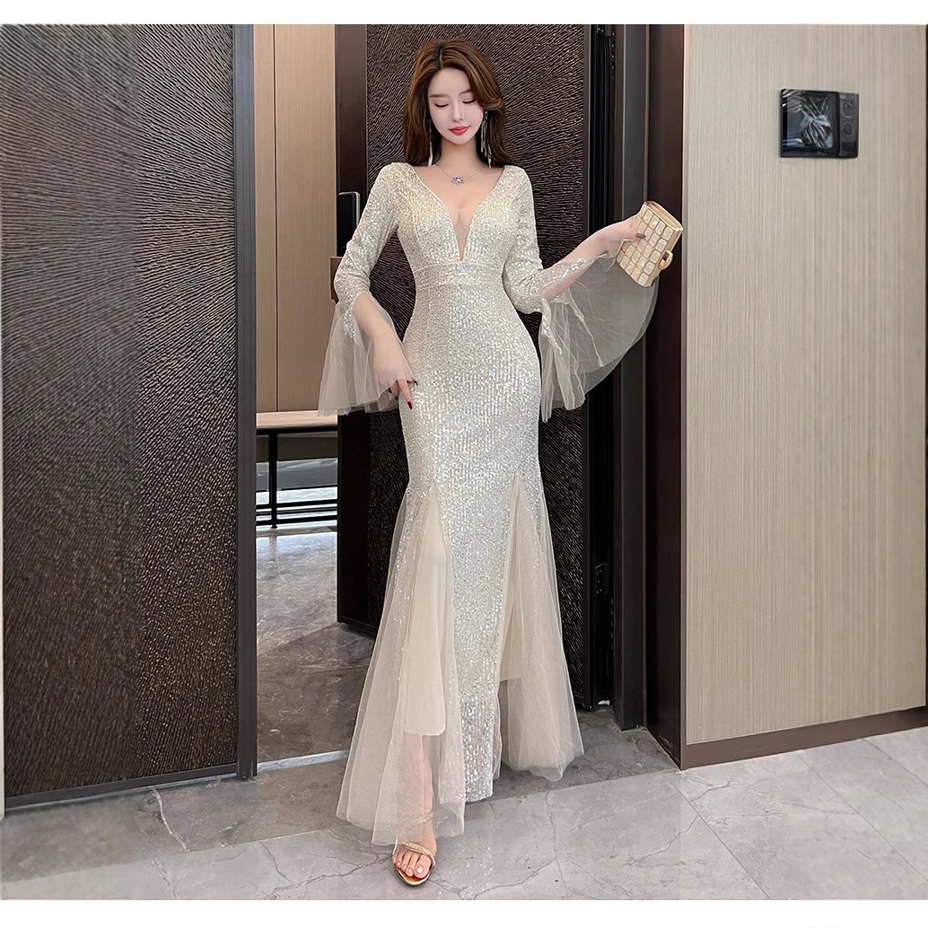 【急速出荷】送.料.無.料.スパンコール 宴会 深v長袖魚尾 結婚式OL正式な場合礼装 誕生日/成人式 ドレス