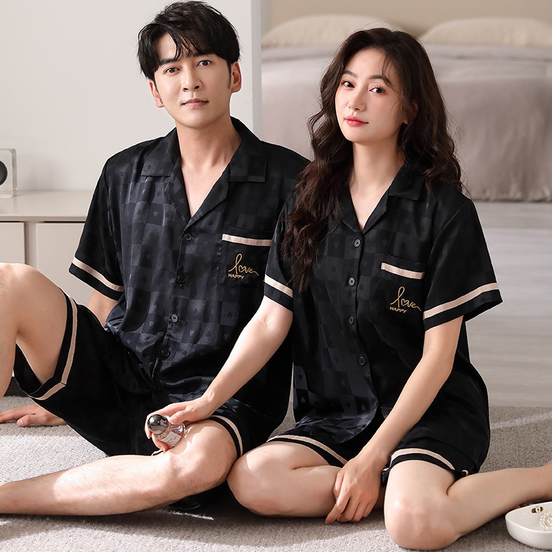 レディースパジャマ夏アイスシルク半袖ショーツブラックカップルイミテーションシルク高級スーツメンズホーム服
