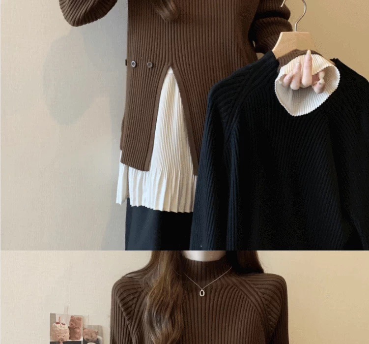 レディース トップス ニット セーター プルオーバー アシンメトリー 長袖 ボトルネック コンサバ ボタン 切り替えデザイン バイカラー 配色 ドッキング かわいい 大人可愛い きれいめ シンプル