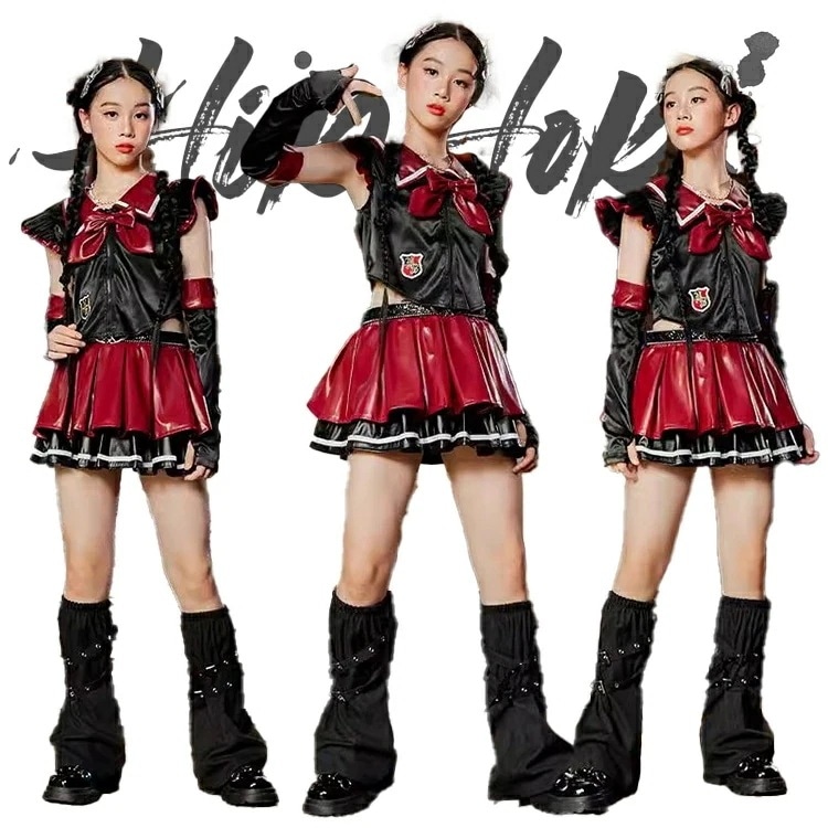【急速出荷!】キッズ ダンス ダンス衣装 赤黒 女の子 ガールズ へそ出し レザー スカート レッグウォーマー ダンスウェア 発表会 応援団 イベント ジュニア カッコイイ 普段着 jazz オシャレ