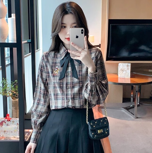 トップス リボン チェック柄 シャツ 長袖 かわいい 大人可愛い きれいめ シンプル カジュアル 大人 上品 おしゃれ お洒落 かっこいい レトロ 大人女子 こなれ感 ラフ ラブリー キュート