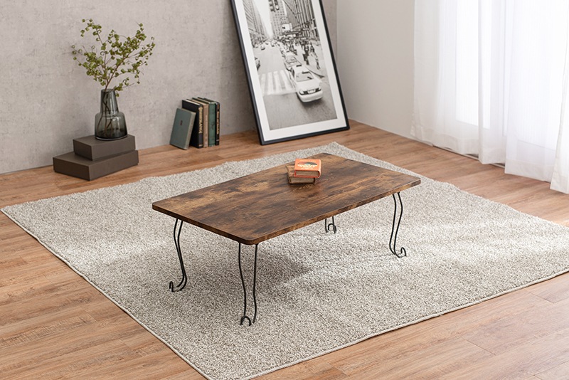 テーブル センターテーブル 角型 ブラウン 幅90 折れ脚 机 座卓 ローテーブル 折りたたみ リビングテーブル 完成品 猫脚 長方形 古木調