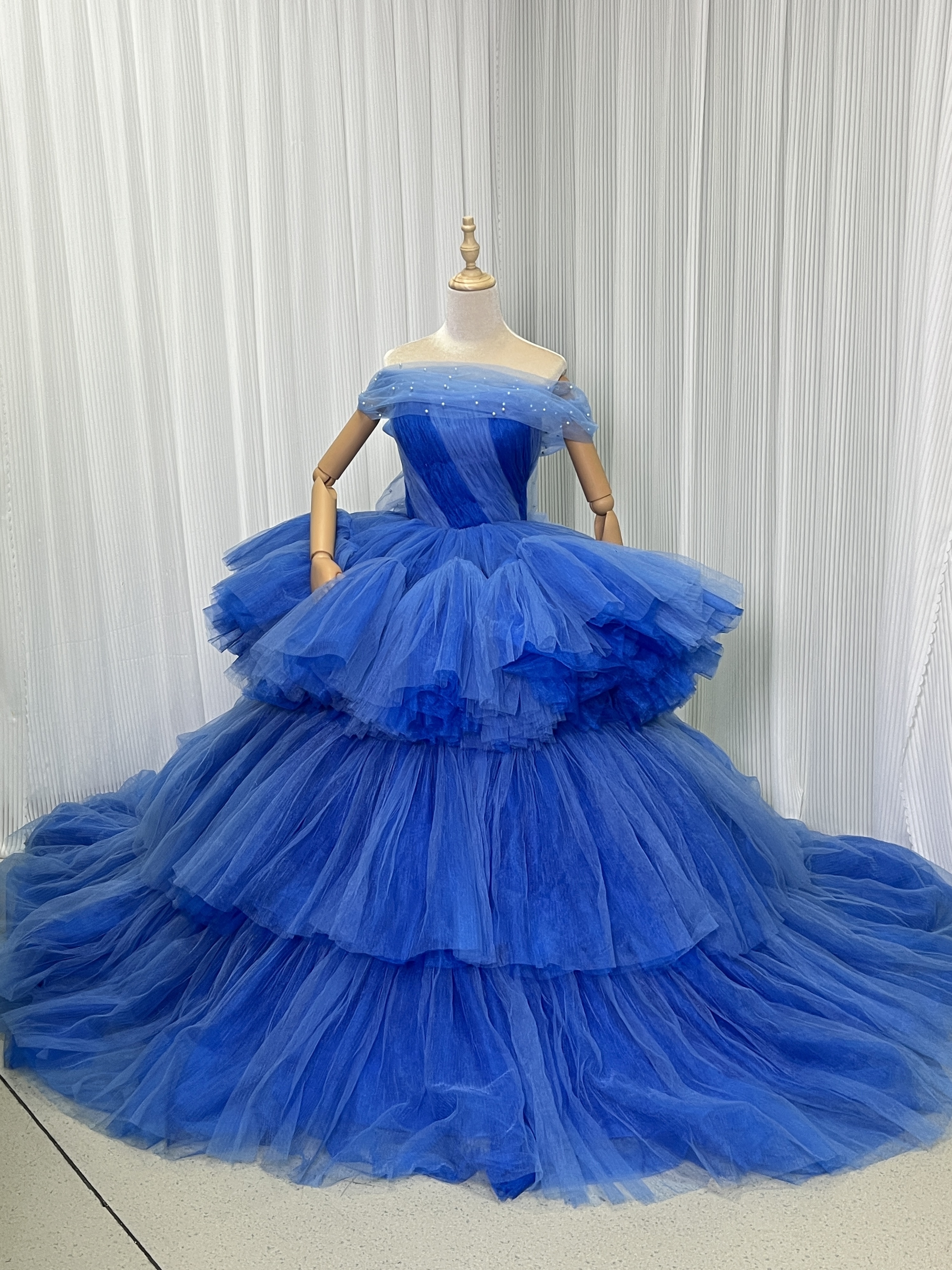 カラードレス 爽やかで優しいブルー 上品！ 取り外しオフショルダー エレガント ビスチェタイプ レイヤードドレス ソフトチュール フレアスカート のコピー