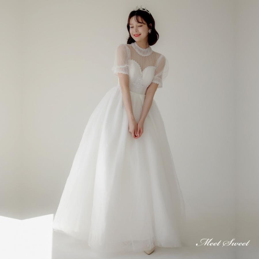 ウェディングドレス ウエディングドレス ロングドレス 二次会 結婚式 前撮り ブライダル 花嫁 半袖 ハイネック Aラインドレス プリンセスドレス 可愛い