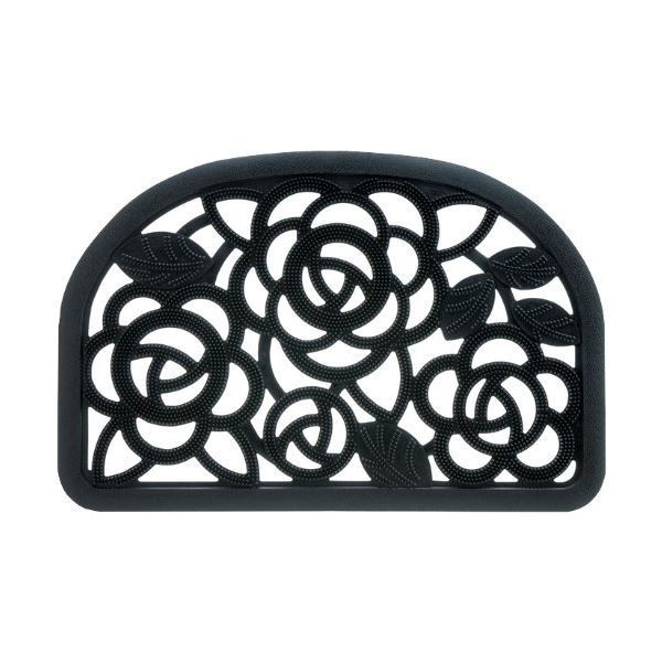 玄関ラバーマット（屋外用玄関マット/泥落としマット） Mサイズ 幅90cm バラ柄 洗える ブラック（黒）