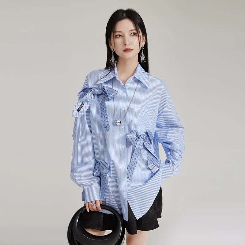 早春秋の新しいネクタイの大きな蝶結びのゆるい長袖シャツ通勤上着大きいサイズ 長袖ブラウス