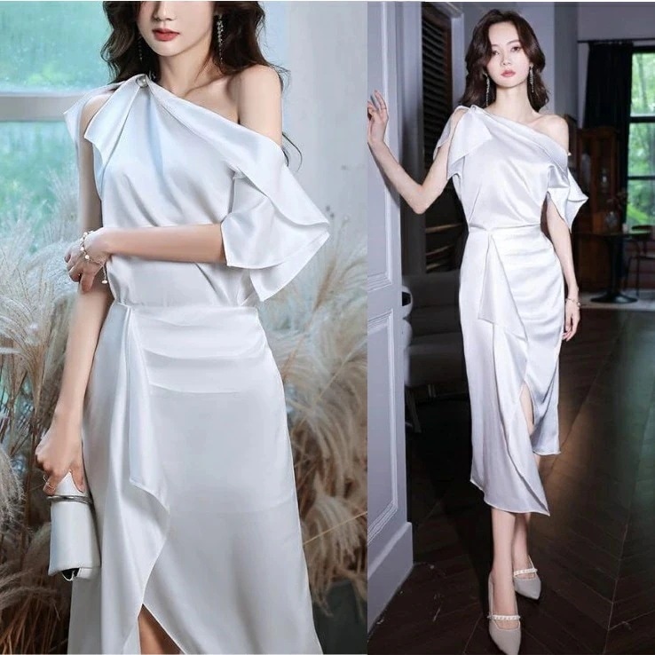 【急速出荷 2025年新作】パーティードレス 韓国 セクシー キャバドレス ナイトドレス アシンメトリー アシメ カクテルドレス ワンショルダー 男ウケ 色っぽい 過激 かっこいい 個性的 白 サテン