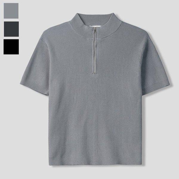 メンズハーフジップ半袖ニットTシャツ GN-KNH-Q018-グレー