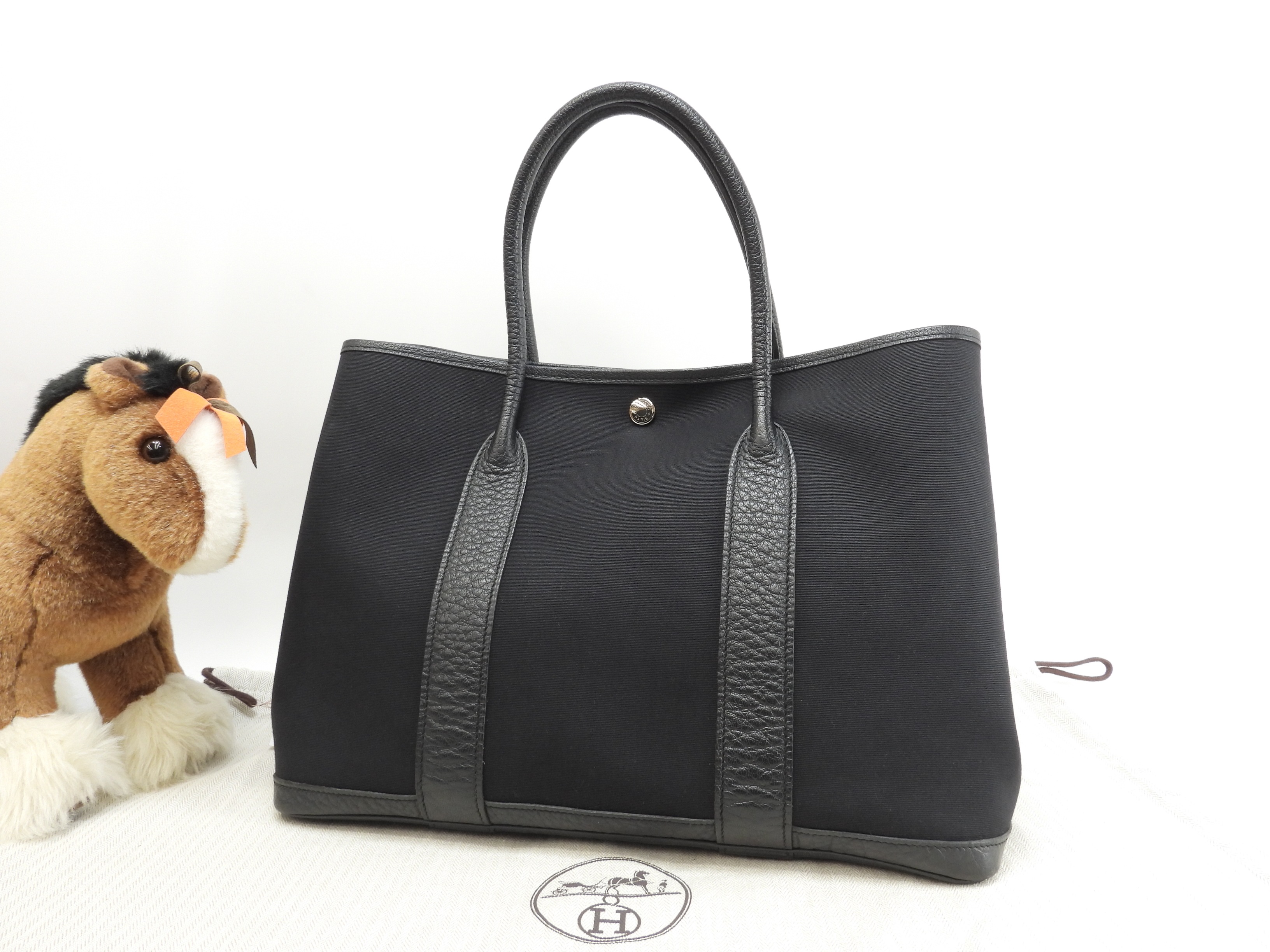 ガーデンパーティPM コットン/レザー 黒 トートバッグ ハンドバッグ 極美品@R