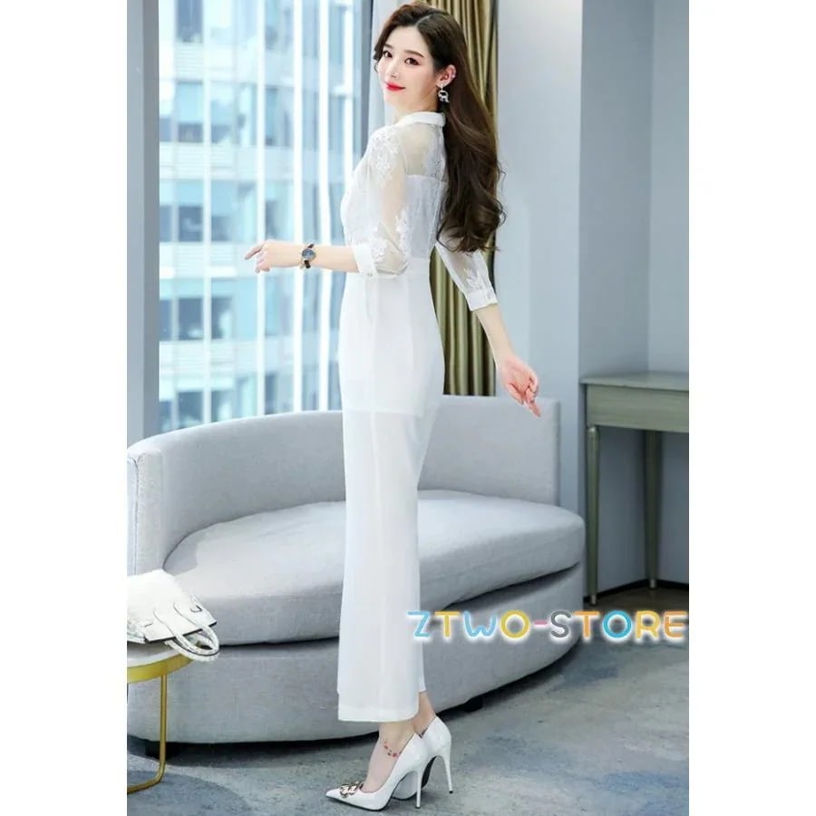 【急速出荷!】ワンピースドレスドレスレース袖 3L 七分袖 シアー袖 大きいサイズ 袖あり かっこいい レディース オールインワン パーティードレス パンツドレス パンツ 白 結婚式 黒 お呼ばれドレ