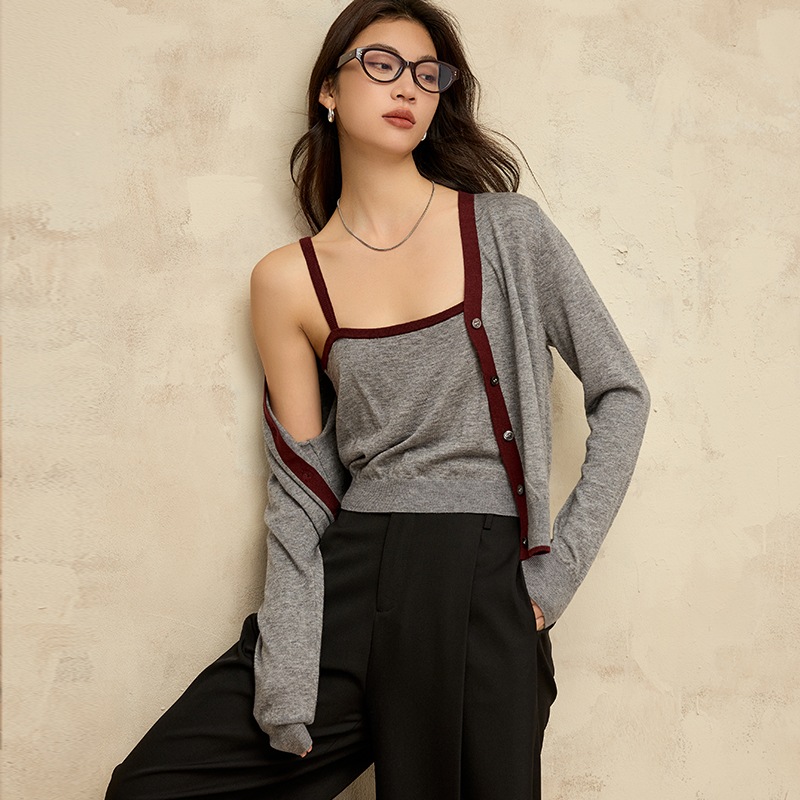 秋新作バイカラーウールニット2点セット レディース 小柄向け キャミソール＋カーディガン 上品で華やかな秋コーデ FL8718