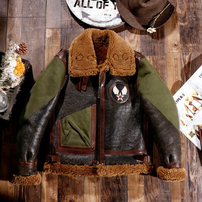 コウイチ　高級ムートン 羊革 ウール 防風 フライトジャケット ライダース 極厚 防寒 革ジャン 毛皮コート Mサイズ/グリーン