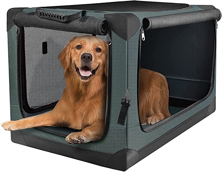 折りたたみペットケージ 犬ケージ 犬用クレート 猫用キャリー カート 持ち手付き 犬猫兼用( ダークグリーン, Lサイズ (x 1))