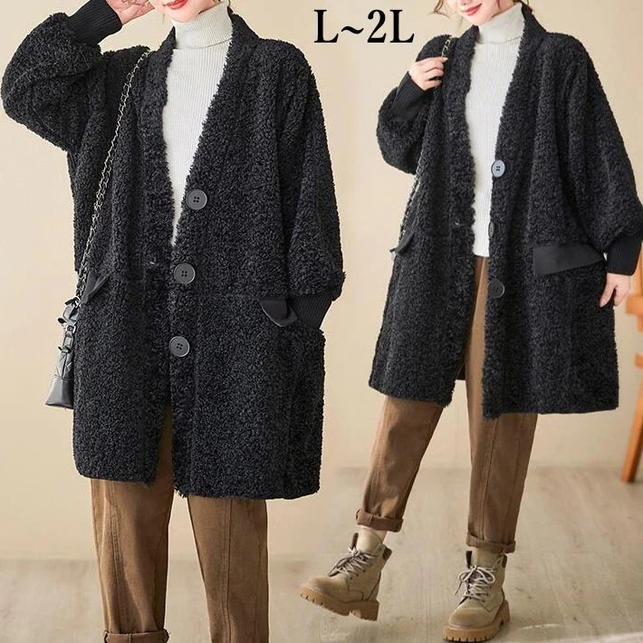 ボアコート　レディース　ボアジャケット　アウター コート　ボア　オシャレ　ふわふわ　もこもこ　ロング カジュアル　ゆったり　大きめ　大きいサイズ　あったか　防寒　秋冬 L　2L今日は30パーセント