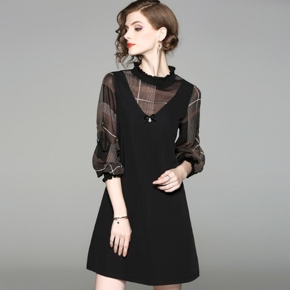 ワンピース チェック フレア Aライン フリル ハイネック フリルネック バルーン袖 七分袖 ミニ丈 膝上丈 異素材ミックス 可愛い エレガント パーティー 二次会 お呼ばれ フォーマル