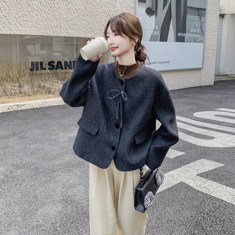 ダークグレーツイードジャケット女性冬スーパー格好良い短い段落外国風弓ツイードトップス