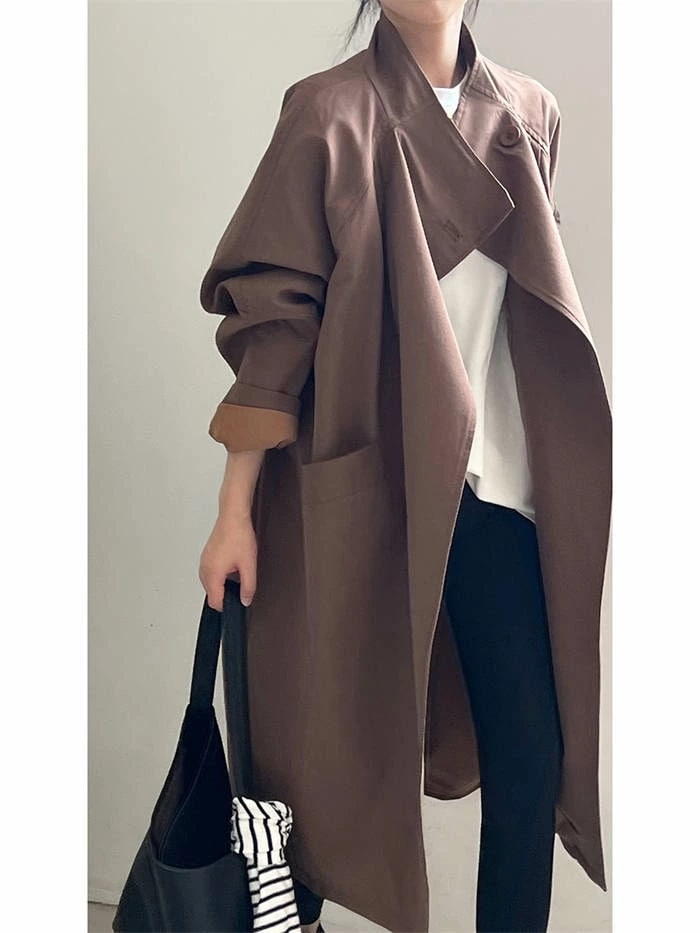 トレンチコート レディース ロング丈 春 秋 リヨセル コットン きれいめ ロング丈コート スタンドカラー アウター 秋物 秋服 コート ジャケット ロング丈 無地 大きいサイズ おしゃれ きれいめ