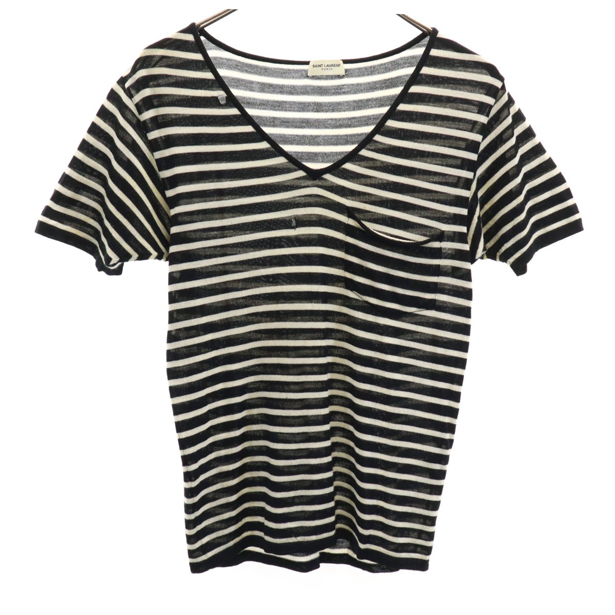 SAINT LAURENT サンローラン イタリア製 ボーダー柄 半袖 Vネック ニット XS ブラック レディース 古着