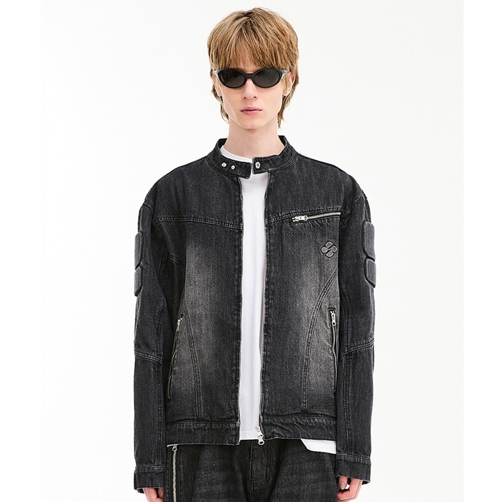 Embossing denim biker jacket BLACK