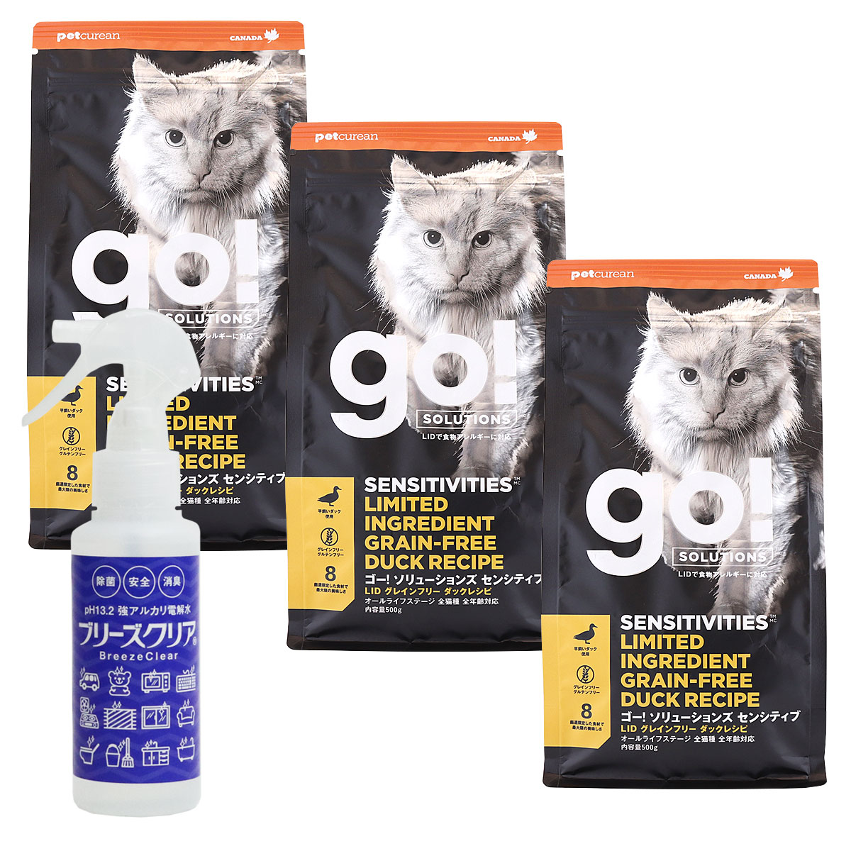 GO! ゴー ソリューションズ キャット センシティブLID ダック 500g×3袋【ph13.2強アルカリ電解水100ml付き】キャットフード