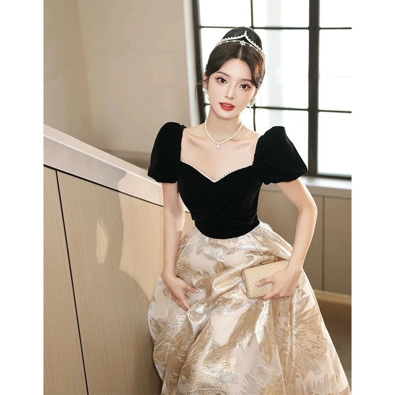 イブニングドレス 黒 シャンパンゴールド ベロア ベルベット ロングドレス 結婚式ドレス 二次会ドレス ワイン赤 ブラック パール 可愛い 発表会ドレス パーティードレス 成人式ドレス 同窓会 謝恩会