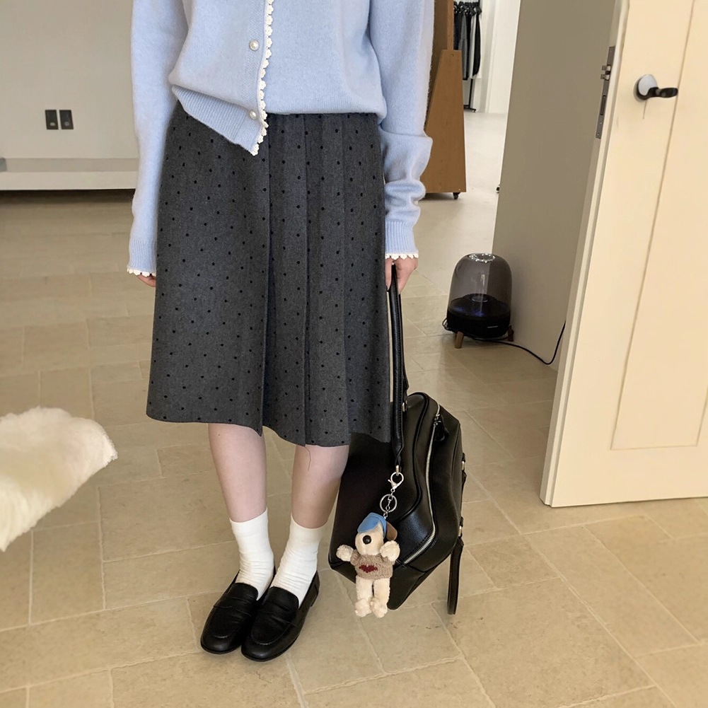グレー韓国風植毛水玉プリーツスカート 女性用 秋冬厚手 ハイウエスト Aライン スリム効果 ウール混 ミディ丈 ハーフスカート