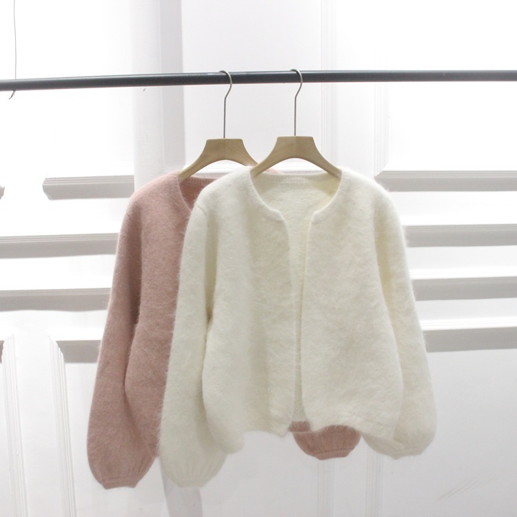 韓国の秋冬新作無地ラビットファーのボタンレスカーディガンレディースセータージャケット