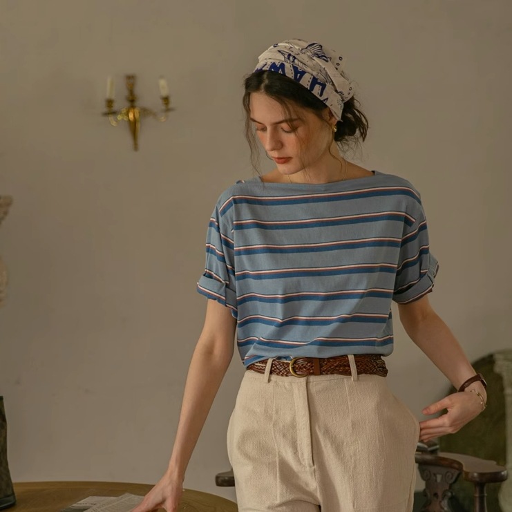 トップス Tシャツ 袖あり 半袖 ボートネック 襟なし 綿 ポリエステル かわいい 大人可愛い シンプル カジュアル 大人 おしゃれ お洒落 レトロ アジアン エスニック エキゾチック 大人女子