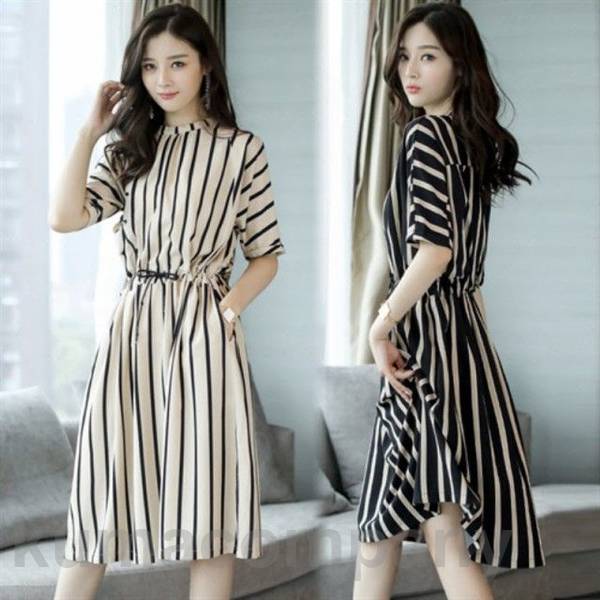 ストライプ ワンピース 半袖 膝丈 レディース シャツワンピース 五分袖 Aライン ウエストマーク スタンドカラー 大きいサイズ 3L 小さいサイズ 春夏 黒 韓国 ファッション 通勤服 オフィス カ