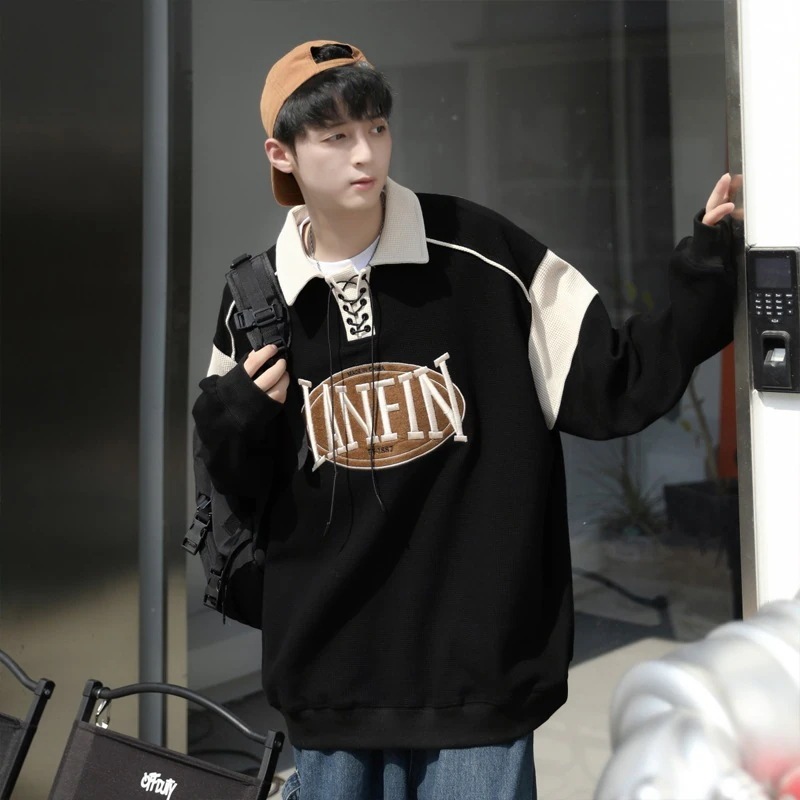 韓国ファッション Polo襟 スウェット コントラストカラー アルファベット花柄 スウェット メンズ かっこいい トップス メンズ ジャケット