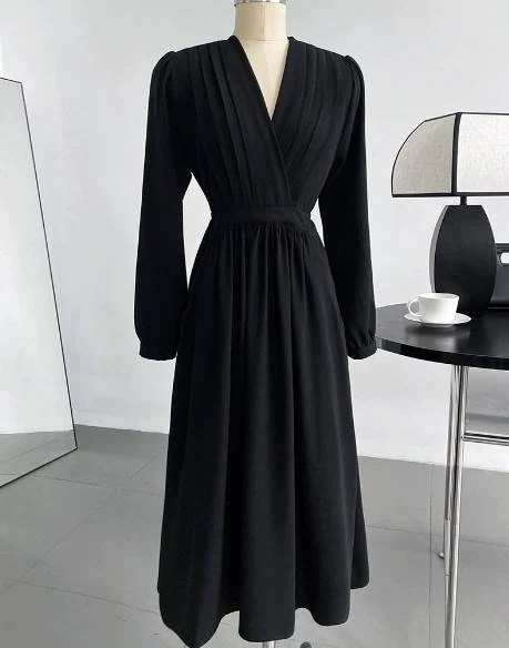 レディース ワンピース ロング 長袖 ボリューム袖 Vネック フレア プリーツ タックプリーツ