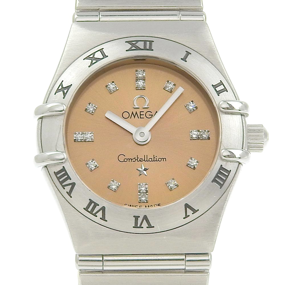 オメガシンディクロフォード 1564.66 腕時計 ステンレススチール クオーツ アナログ表示 レディース ピンク文字盤 中古品 A-ランク
