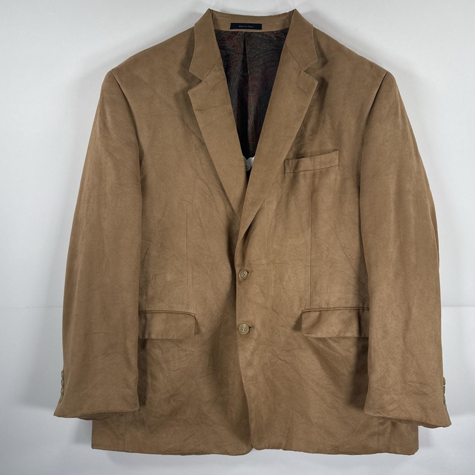 古着 ローレンラルフローレン LaurenRalphLauren テーラードジャケット フェイク スエード レザー ブレザー スーツ 裏地 ペイズリー柄 大きいサイズ 48R ベージュ メンズ