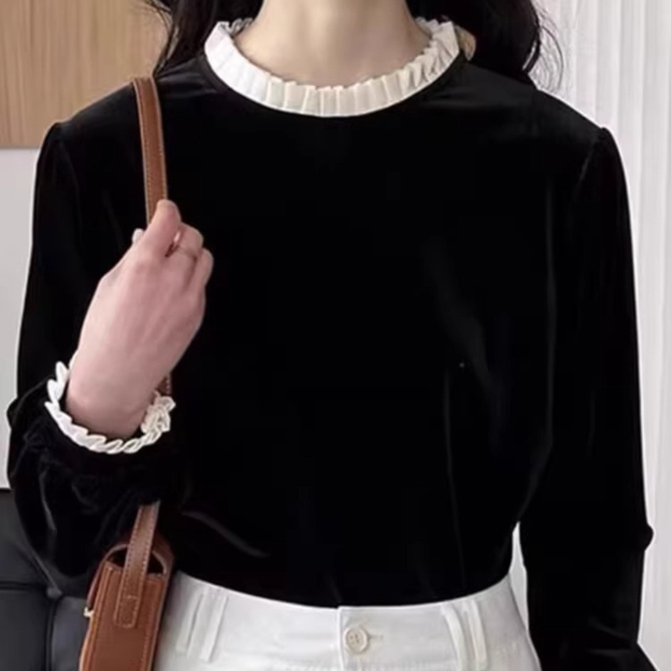 トップス カットソー シャツ プルオーバー 配色カットソー バイカラートップス クルーネック フリル プリーツ 長袖 無地 バイカラー レディース かわいい 大人可愛い おしゃれ ガーリー エレガント